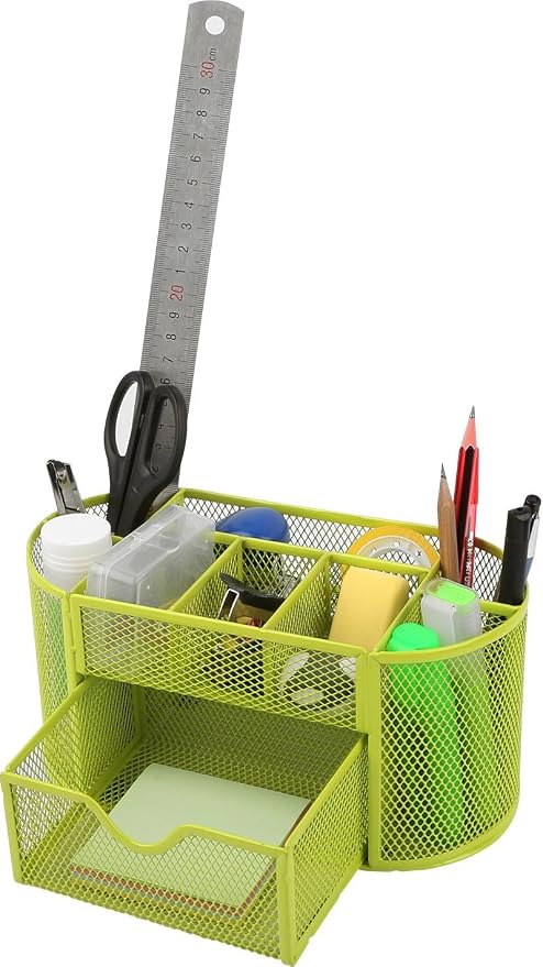 GPCT Office School Home/Teacher Supplies Mesh Desk Pen Organizer. Comes W/ 4 Pencil Cups For Highlighters/Pens/Sharpie, 4 Square Compartments For Paper Clips/Sticky Notes & 1 Supply Drawer- Green