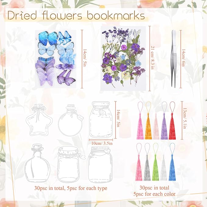 TaoBary 152 Pcs DIY Transparent Dried Flower Bookmark Set Handmade DIY Bookmarks with Dried Pressed Flowers Leaves Butterfly Stickers Colorful Tassels and Tweezers for Reader Writer (Pastel Color)