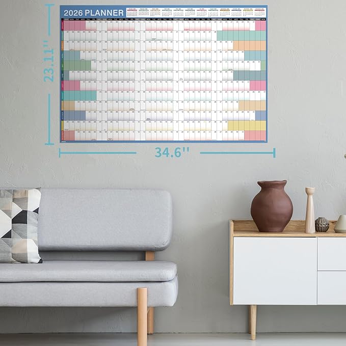 2026 Yearly Wall Calendar - Yearly Wall Calendar 2026, 2026 Calendar, Jan 2026 - Dec 2026, 23.1" x 34.6" (Open), Julian Dates, Thick Paper, Double-Sided Round Stickers, Grayish Blue