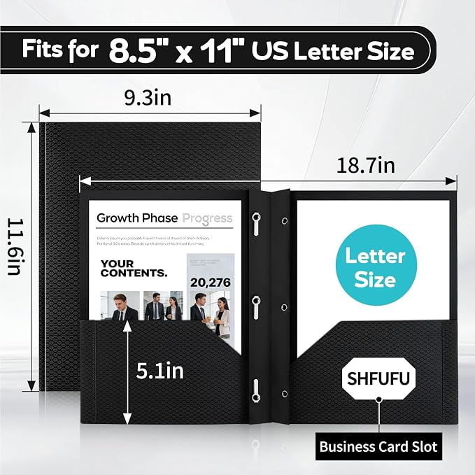 Textured 2 Pocket Folder with 3 Prongs,24 Pack Letter Size 8.5x11, Heavy Duty Textured Folder with Metal Fasteners for School, Office & Business (Black)