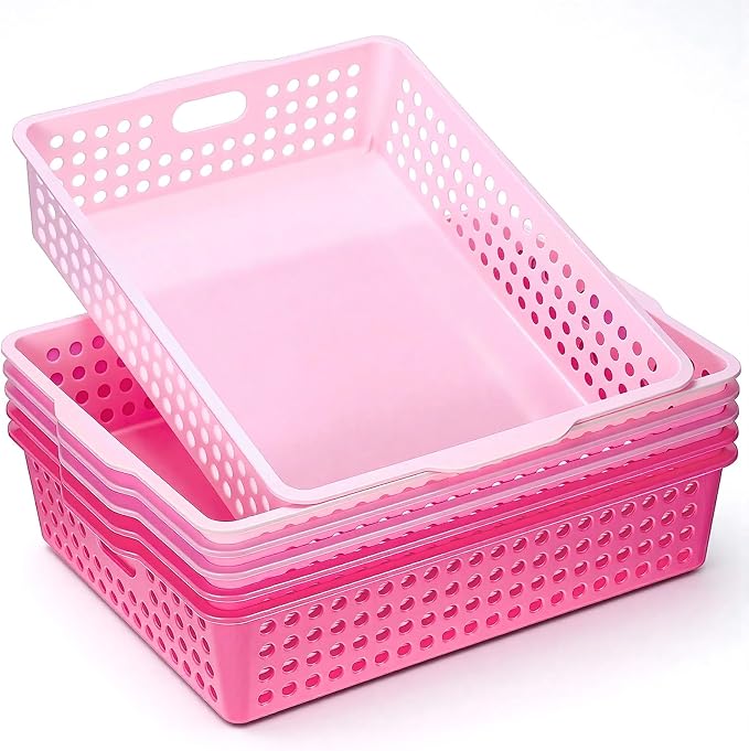 Pink 6 Pack Plastic Classroom Paper Baskets, Turn in Trays, Organizing Desk Tray for A4 Papers, Classroom Storage Turn in Bins, for Teachers and Students, Office Desk Room Trays