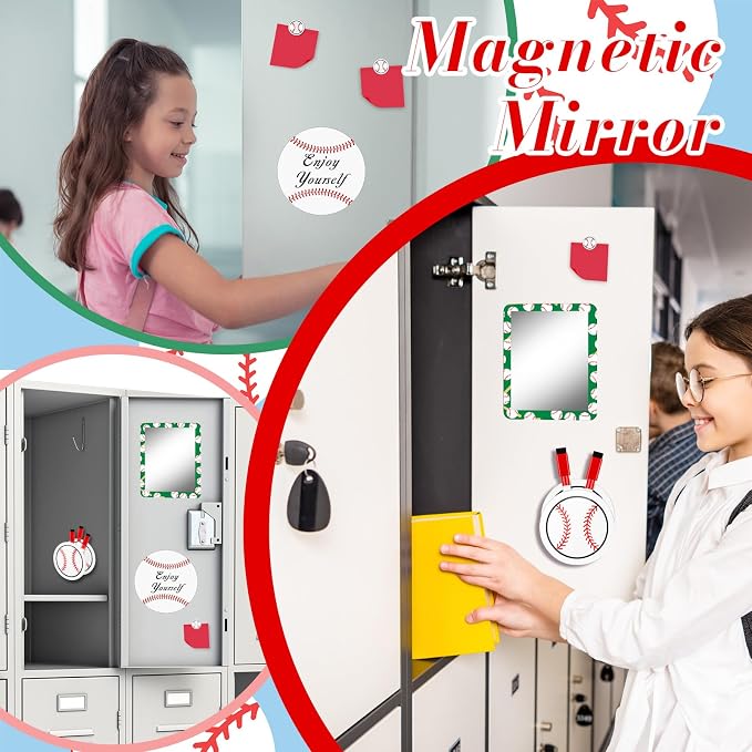 Demonwer 12 Pcs Locker Accessories Kit Baseball Themed Magnetic Whiteboard Mirror Pen Holder for Back to School Essentials Locker Decorations