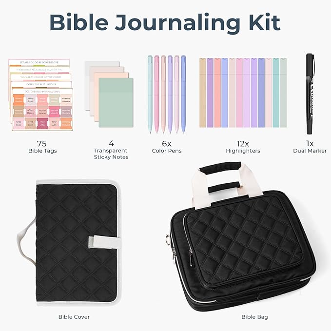 Nicpro Large Bible Bag with Bible Cover Case for Women, Church Bag with Shoulder Strap,Quilted Cover for Bible Study Supplies Journaling Kit with Tabs Notes Highlighters Pens Christian Gifts for Women