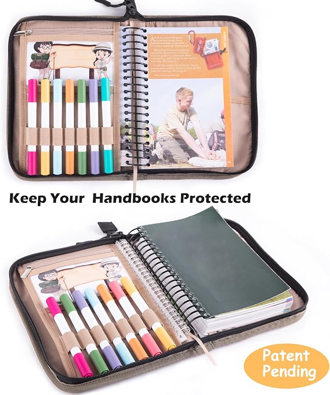 Handbook Book Cover Compatible with BoyScoouts Handbook with Amercan Flag Patch and Compass - Book Sleeve - Handbook Protector for Boys Girls