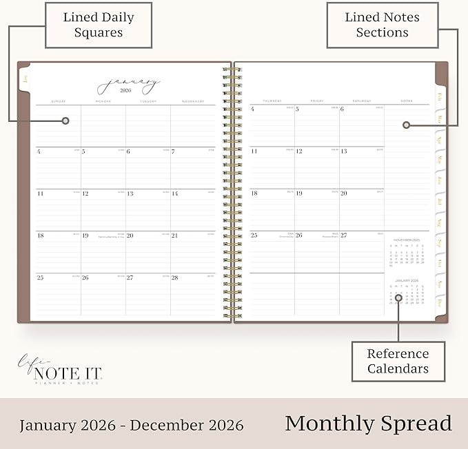 Blue Sky Life - Note it® Planning Calendar + Notes, Weekly/Monthly Layout, Safety Wirebound (Solid Latte- 2026, 8.5" x 11")