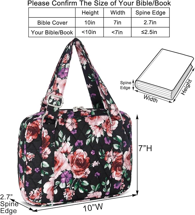 Bible Cover for Women with Adjustable Straps, Large Study Bible Carrying Case Bag with Zip Pocket, 10x7x2.7 Inches