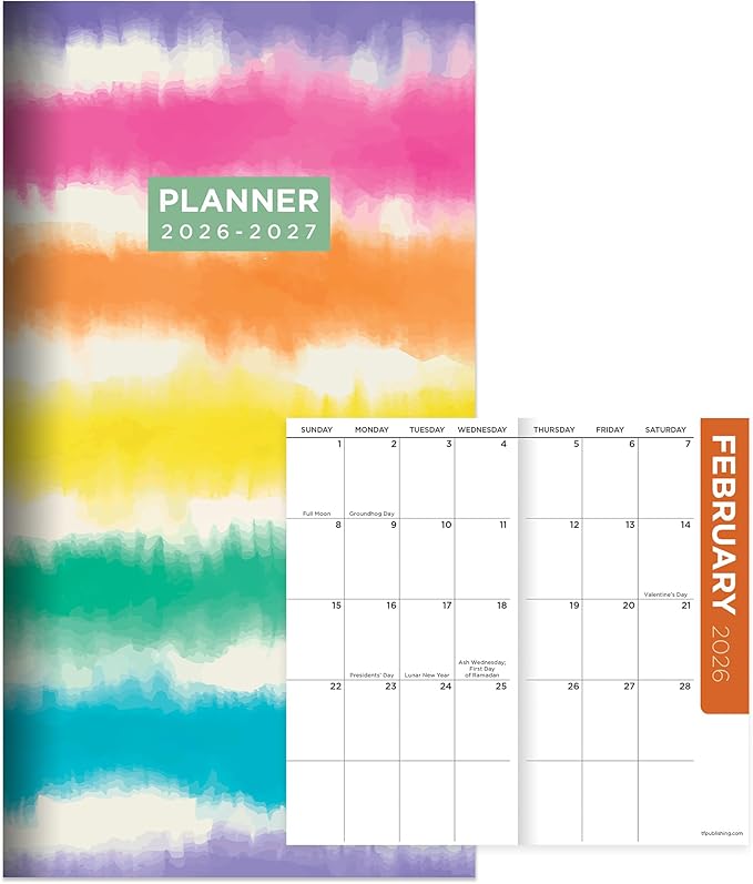TF Publishing 2026-2027 Tie Dye Small Monthly Pocket Planner with 2 Page Large Calendar Grid and Lined Notes Section - 2 Year Pocket Calendar 2026-2027 Perfect for Purse - 3.5in x 6.5in