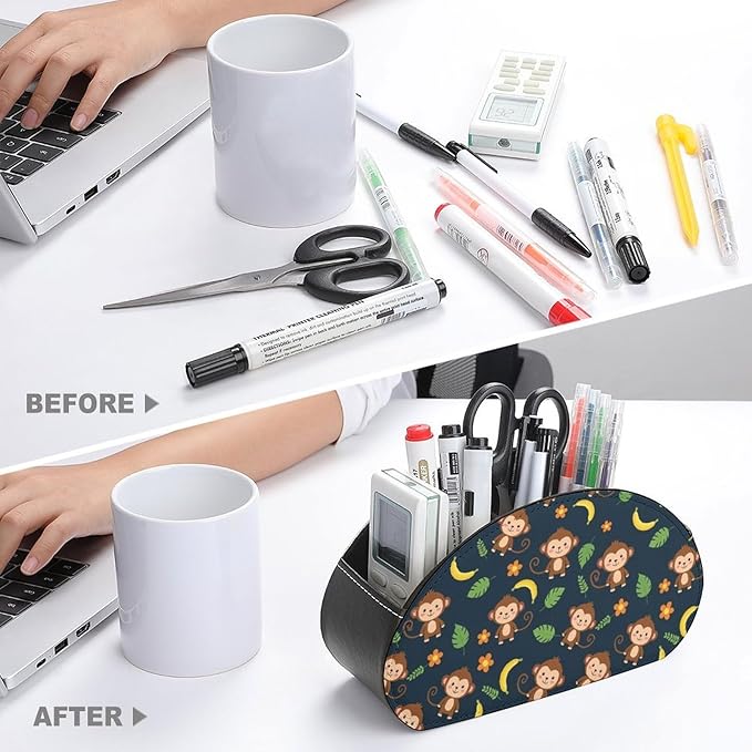 5-Compartment Remote Control Storage, PU Leather Caddy for Media Players, TV Remotes, and Desk Accessories, Animal Print Monkey