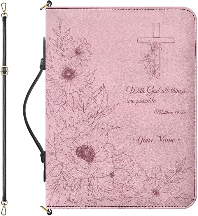 Custom Bible Cover Case for Girls, Personalized Pink Bible Cover for Girls with Name, Zipper Handle & Detachable Adjustable Strap, Bible Study Supplies Accessories for Christian Gifts, Large