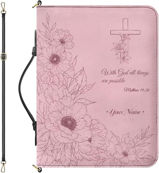 Custom Bible Cover Case for Girls, Personalized Pink Bible Cover for Girls with Name, Zipper Handle & Detachable Adjustable Strap, Bible Study Supplies Accessories for Christian Gifts, Large