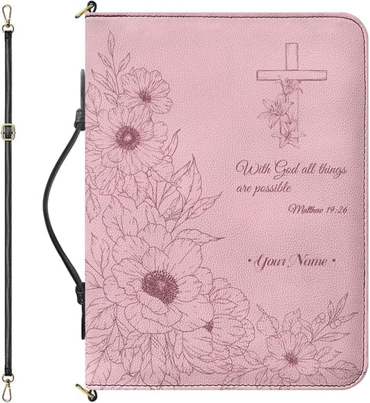 Custom Bible Cover Case for Women, Personalized Pink Bible Cover for Women with Name, Zipper Handle & Detachable Adjustable Strap, Bible Accessories for Christian Gifts, Extra Large