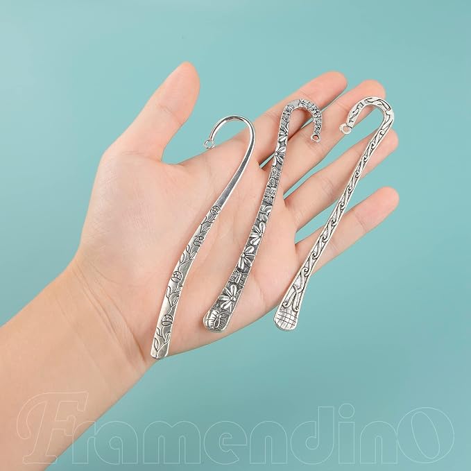 Framendino, 12 Pack Metal Bookmark Hairpin Hook Antique Tibetan Silver Carved Book Marks with Loop for Crafting