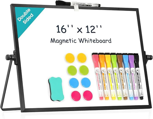 Dry Erase White Board, WALGLASS 16" x 12" Small Desktop Whiteboard with Stand, Double-Sided Magnetic Whiteboard, Portable Dry Erase Board for Kids Drawing, Study, Home, Office, School (Black)