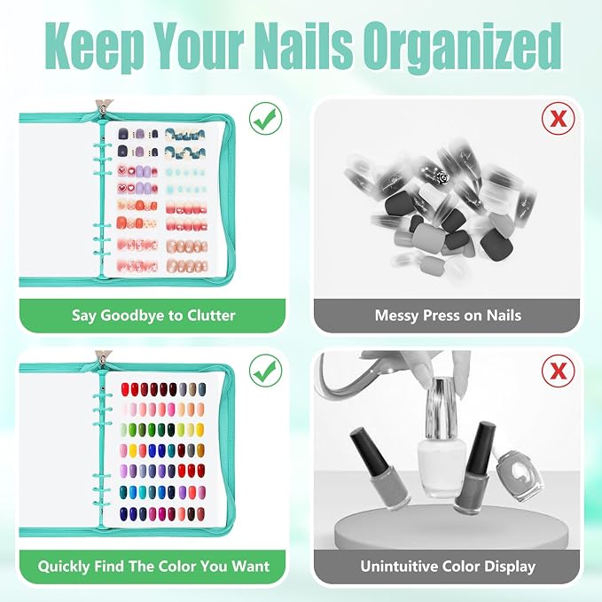 KEIFIN Press On Nail Storage Organizer Binder with 8 Insert Pages - A5 Size Reusable Fake Nail Swatch Collecting Book Polish Color Display Holder Container with Tape and Zipper Pocket (CYAN)