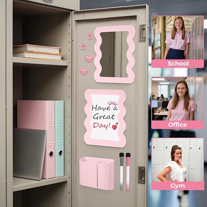 SKYDUE Locker Accessories Kit for Girls - Includes Magnetic Mirror, Whiteboard, Pen Holder, Magnets and Stickers, Pink Locker Decor & Organizer Set, Back to School Supplies, Basic Set 10 Piece