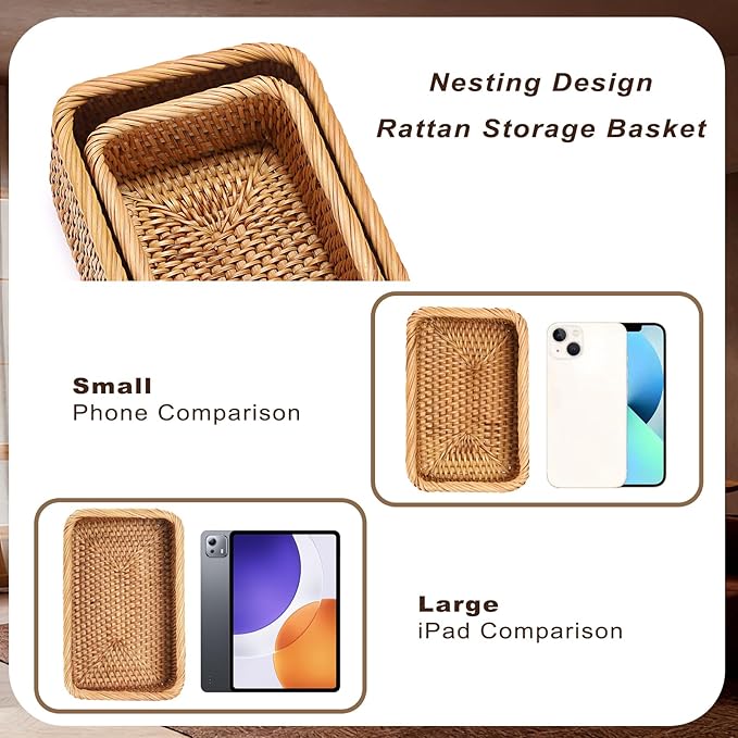 BTSKY Remote Control Basket 7.9" x 5.1", Decorative Small Basket Handwoven Rattan Storage for Jewelry, Cosmetics, Wicker Organizer Rattan Holder for Living Room Coffee Table Entryway Bedroom Vanity