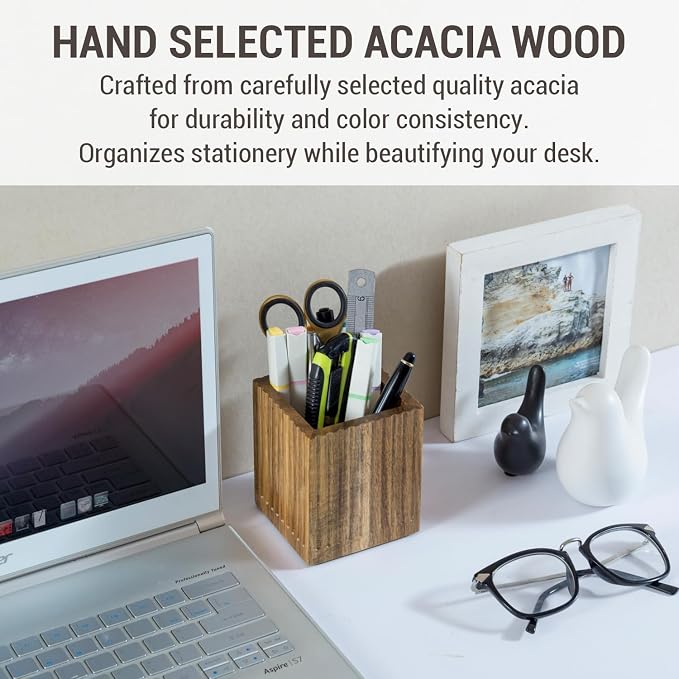MyGift Premium Acacia Solid Wood Pen Pencil Cup with Textured Fluted Design, Desktop Wooden Office Supply Organizer Holder