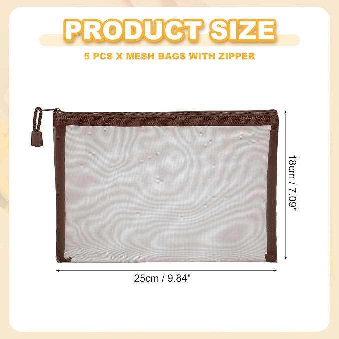 PATIKIL A5 Mesh Zipper Pouch Bags, 5 PCS Mesh Bags with Zipper Plastic Storage Pocket for Organizing File Beads Office Home Supplies, 18x25cm, Brown