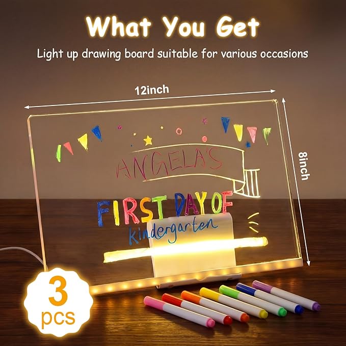 Led Dry Erase Board for Kids, 3 Pack Light Up Drawing Board with Stand, Rechargeable Acrylic Message Pad with 7 Color Markers, Glow Writing Tablet for Birthday Party Favors Rewards Gifts