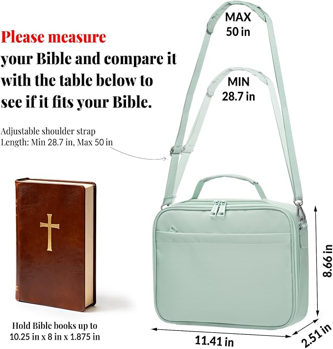SUNEE Bible Cover for Women, Large Bible Bag w/Shoulder Strap Carrying Book Case w/Pen Slots and Zippered Pocket, Gift for Women & Men, Sage Green