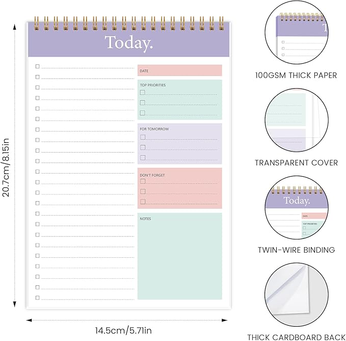 KMQOY To Do List Notepad - Daily Planner Pad Undated 52 Sheets Spiral Today Planner Note Pad Premium Thick Paper 6.5" x 9.8" For Work and Personal Organized - purple