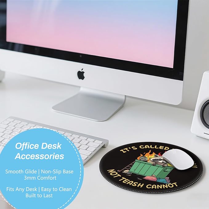 Gctriki Trash Raccoon Mouse Pad - 8.6 Inch Round Non-Slip Office Desk Mat, Premium Stitched Washable Mousepad for Computer Laptop Funny Office Gifts Desk Accessories, It's Called Trash CAN NOT TEASH