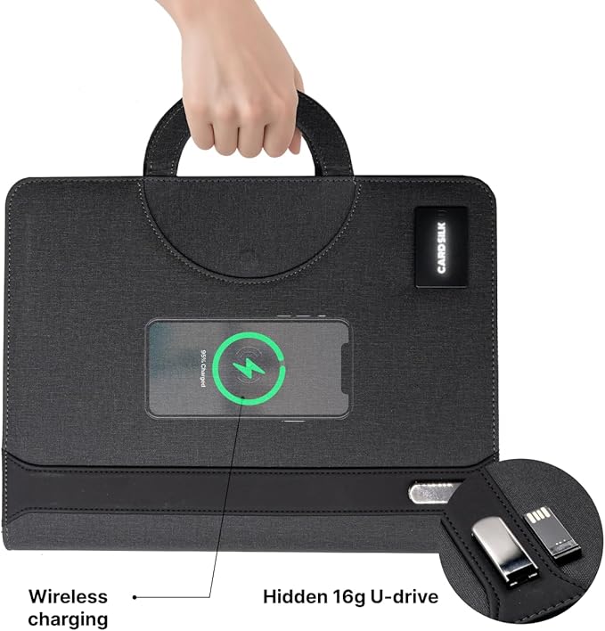 Zipper Padfolio, Portfolio Binder Organizer with 8000mAh Power Bank, Portfolio for Resume, Documents, Phone, Tablet, Business Supplies, Notebook Organizer with Wireless Charging