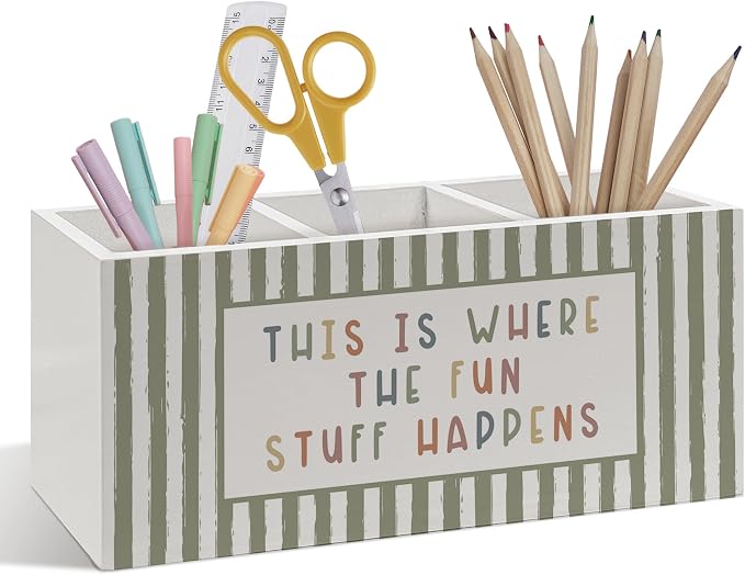 Boho Kids Playroom Pen Pencil Holder, Boho Classroom Decorations, This Is Where The Fun Stuff Happens Wooden Pen Pencil Organizer for Classroom Grils Boys Room Bedroom Playroom Desk Decor