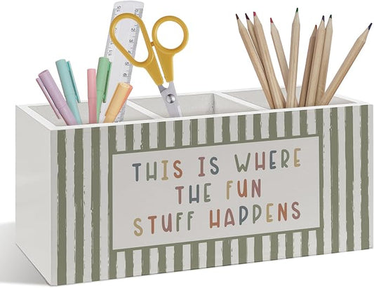 Boho Kids Playroom Pen Pencil Holder, Boho Classroom Decorations, This Is Where The Fun Stuff Happens Wooden Pen Pencil Organizer for Classroom Grils Boys Room Bedroom Playroom Desk Decor