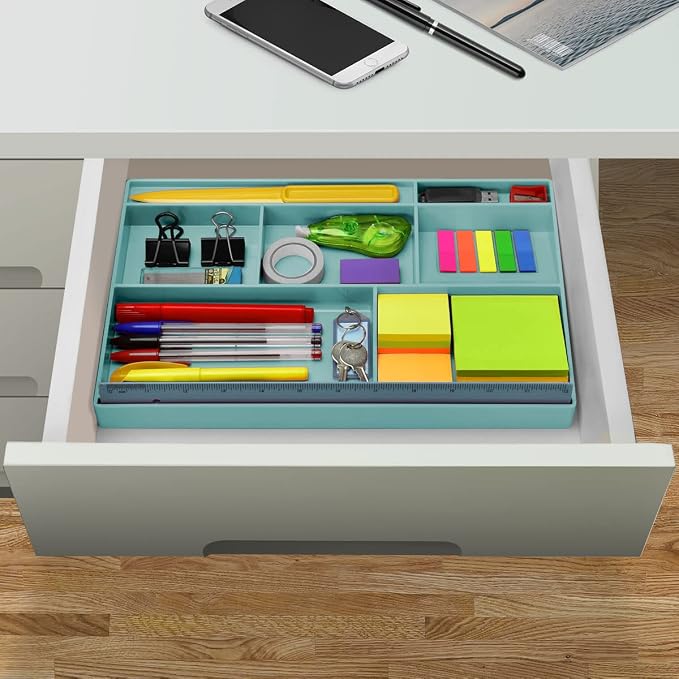 Acrimet Desk Drawer Organizer Tray with 8 Compartments – Multi-Purpose Bin for Office Supplies, Makeup, and Accessories – Fits inside Drawers or Desktops, 12.75" x 8" x 1.06" (Plastic) (Green Color)