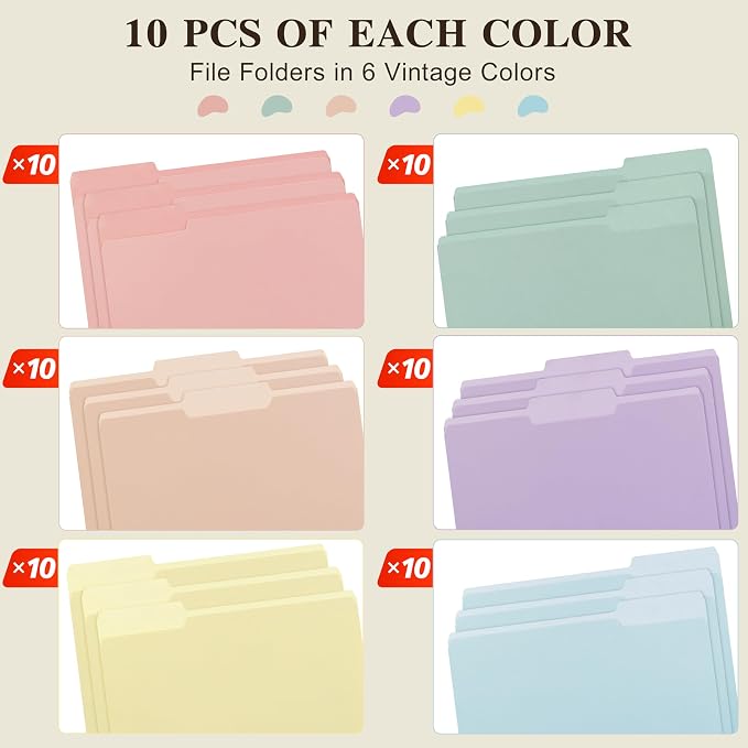 Color File Folders, 1/3-Cut Tabs, 60 Pack File Folder Letter Size, 6 Pastel Colors Organizer File Folders for School Home Office Business