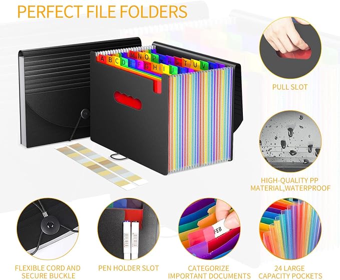 Expanding File Folders Accordion File Organizer,24 Pockets Accordian Document Folder Letter Size,Expandable Filing Boxes,Bill,Receipt Paper and Documents Organizer with Tabs,Light-Duty,for Portable