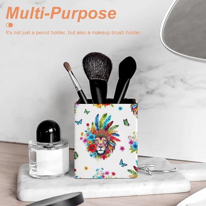 Holder Cup Makeup Brush Storage Organizer, Waterproof Multifunctional Office Supplies, Pen Holder Square Leather Pencil Colorful Lion Flowers Floral White Art