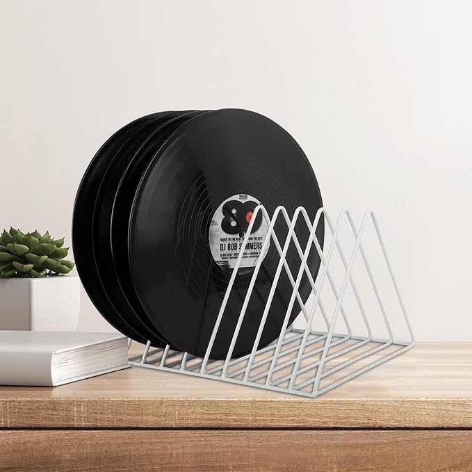 EASEPRES Vinyl Record Holder Storage, 9 Slot Metal Magazine Book Album Display Rack, Stylish Triangle Desktop File Sorter Organizer for Home Office, White
