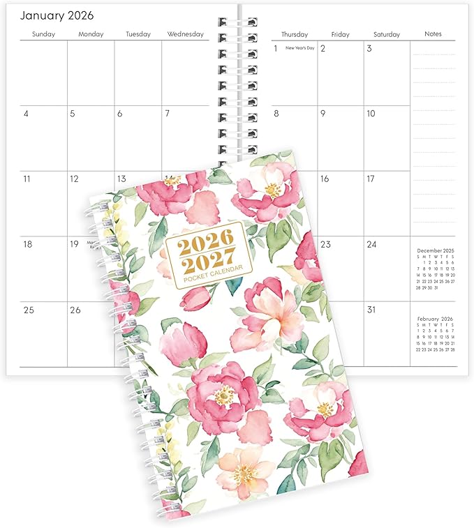Pocket Calendar 2026-2027, Floral Small Planner -3.7" x 6.7" for Purse, Runs from January 2026 Until December 2027, Monthly Planner 2026-2027 with Coil Organizing & Planning