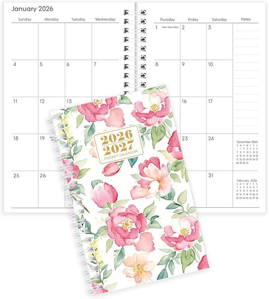 Pocket Calendar 2026-2027, Floral Small Planner -3.7" x 6.7" for Purse, Runs from January 2026 Until December 2027, Monthly Planner 2026-2027 with Coil Organizing & Planning