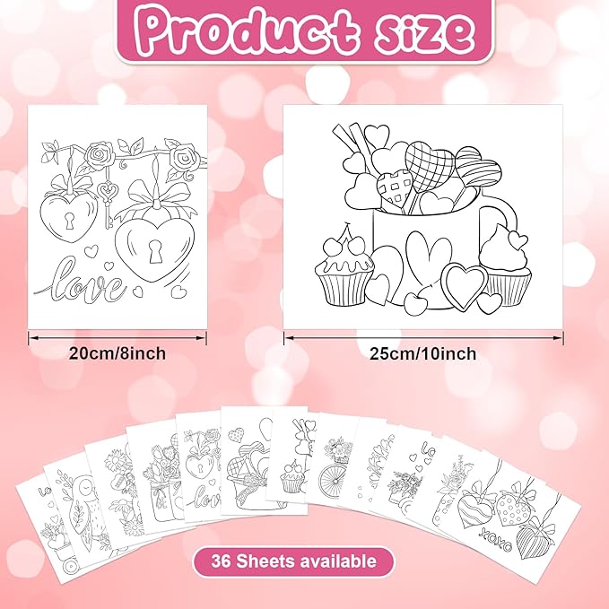 COCHIE 36PCS 8x10 Inches Valentine's Day Coloring Pages for Kids, Bulk Color Your Own Valentine Paper Crafts Classroom Activities Party Favors, Small Coloring Sheets Valentines Gifts
