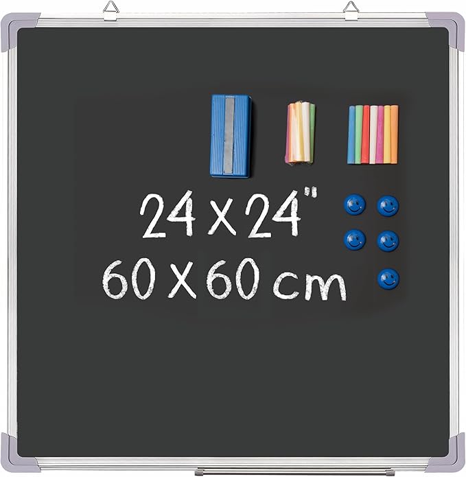 Chalkboard Set - 24 x 24 in Black Board with 1 Magnetic Chalk Eraser, 14 Chalk Sticks (7 Colors) and 4 Magnets - Large Message Wall Hanging Blackboard with Sturdy Frame for Home Office and Kitchen