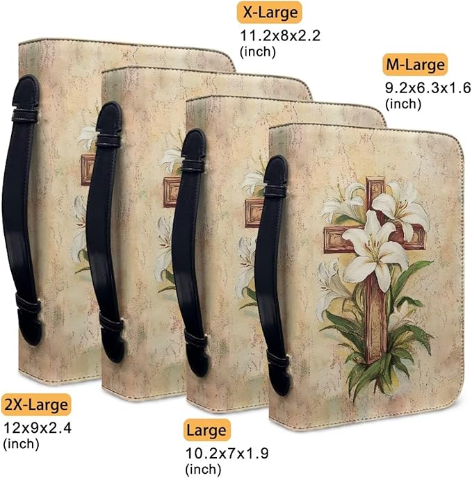 White Flower Print Bible Case,Cross Style Leather Bible Covers for Women,Bible Study Accessories Supplies,Book Protector Case-Size：2XL