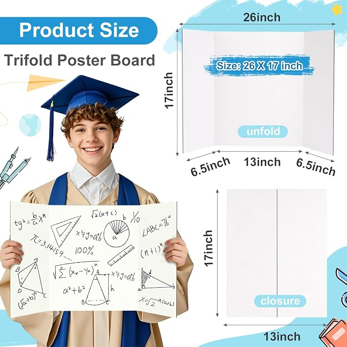 12 Pcs Medium Trifold Poster Board, 26" x 17" Presentation Board, with Double Sided Tapes and Cardboard, White Corrugated Project Boards/Science Fair/trifold Display Board for School Project