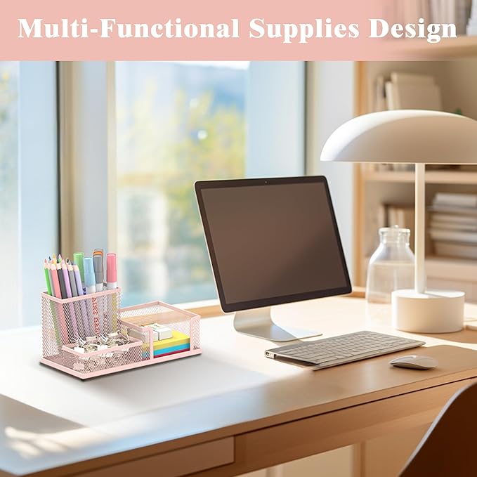 SUPEASY Mesh Pen Holder Desk Organizer, Office Supplies Pencil Storage with 3 Compartments, Office Desk Accessories and Workspace Organizers for Home School Classroom, Pink