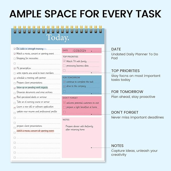 KMQOY To Do List Notepad - 3 Pack Daily Planner Pad Undated 52 Sheets Spiral Today Planner Note Pad Premium Thick Paper 6.5" x 9.8" For Work and Personal Organized
