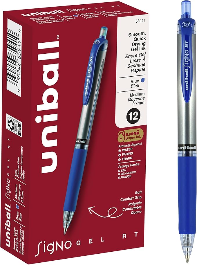 uniball Signo RT Gel Pens, Medium Point (0.7mm), Blue, 12 Pack