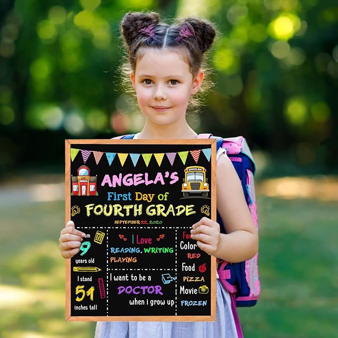 First Day of School Sign - 14" X 11" Double-Sided Board With Frame for Kids - Chalkboard for First & Last Day, Back to School Supplies for Preschool Kindergarten 1st Grade