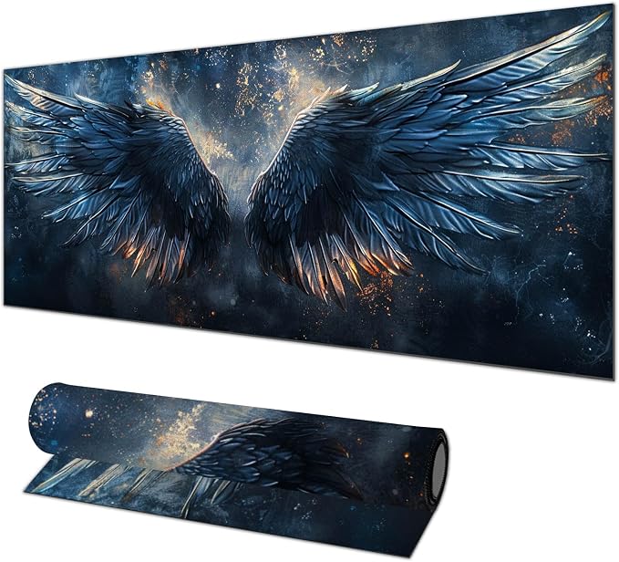 HOMETITUTE Large Mouse Pad XL 31.5 x 11.8 Inch Black Blue Flame Wing Gaming Desk Mat Extended Keyboard Pad Computer Desk Pad Waterproof Non Slip Mouse Pads for Desktop Office Accessories