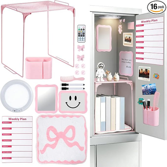 Pink Locker Accessories Kit 16PCS, School Locker Organizer Set with Shelf, Magnetic Mirror, Whiteboard Marker, Pen Holder, Rug, Magnetic Lights, Locker Decor for Girls Teens
