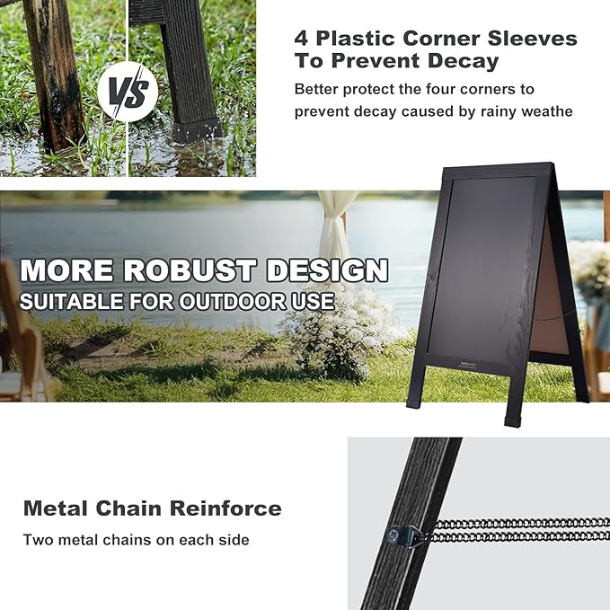 Wood Magnetic A-Frame Chalkboard Signs, 40" x 20" Large Sandwich Board Signs Outdoor, Double-Sided Sidewalk Blackboard for Business, Wedding, Vendor Display, Coffee Shope - Black