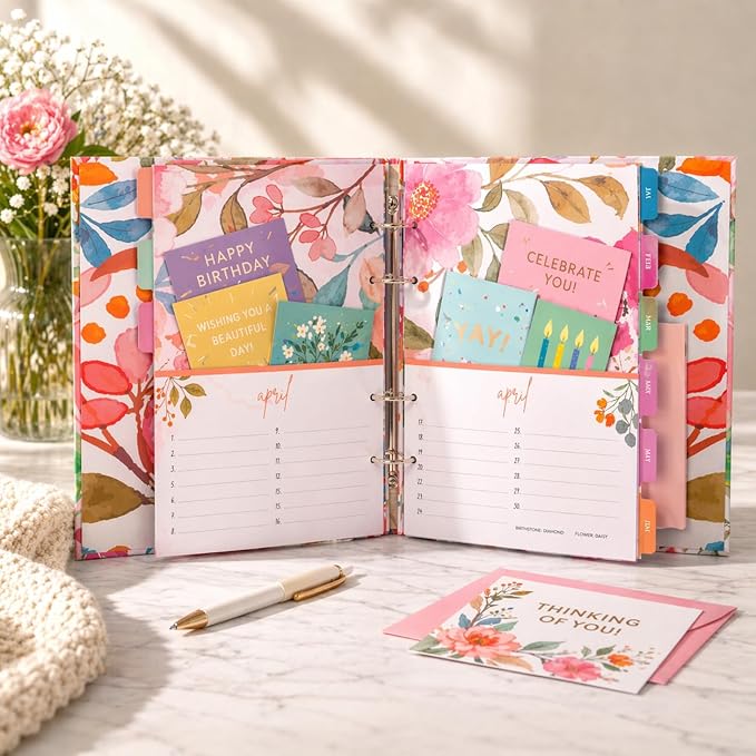 Paper 'n Such Greeting Card Organizer with 27 Pockets - Hardcover - Floral Birthday Book - Perpetual Calendar and Dates to Remember - Christmas, Holidays, Anniversary Reminders - Card Keeper