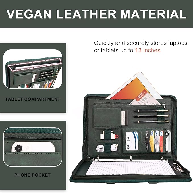 Leathario Portfolio Binder, Includes 5 Folder Index Dividers, 13 Inch Tablets Organizer with Handle, Vegan Leather A4 Padfolio, Multi-Pocket Notepad Business Planner Professional Document