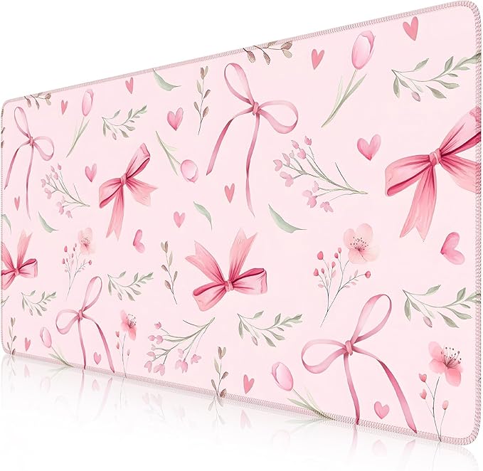 HAOCOO Pink Coquette Desk Mat, Cute Large Mouse Pad for Keyboard, Non-Slip Waterproof Desk Pad, Office Desktop Mat with Stitched Edges, Desk Decor for Women Office Aesthetics